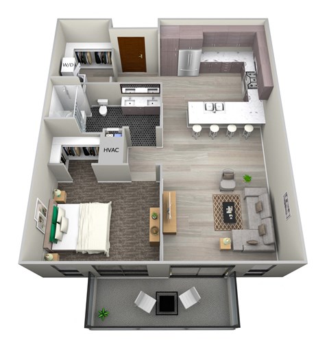 Floor plan for 1 bed, 1 bath, 750 sqft